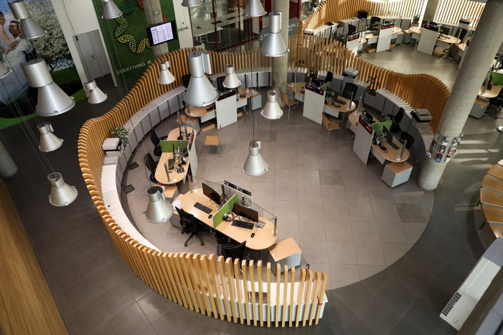 Modern reception venue interior with curved seating